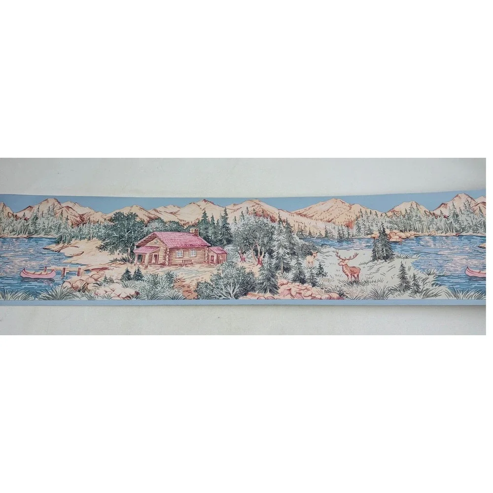 D.W. Wallcovering Rustic Cabin Mountain Lake Deer Canoe Border Pre-Pasted 4yd